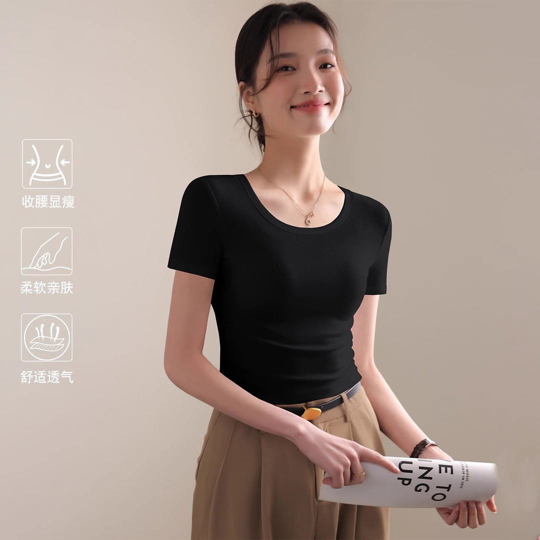 黑色莱赛尔天丝圆领短袖t恤女2025新款夏季正肩半袖收腰修身上衣