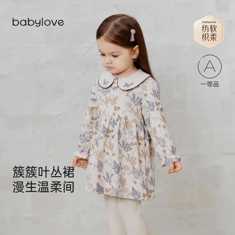 babylove【纺软织柔】女宝宝长袖连衣裙娃娃领刺绣碎花裙子女童秋装