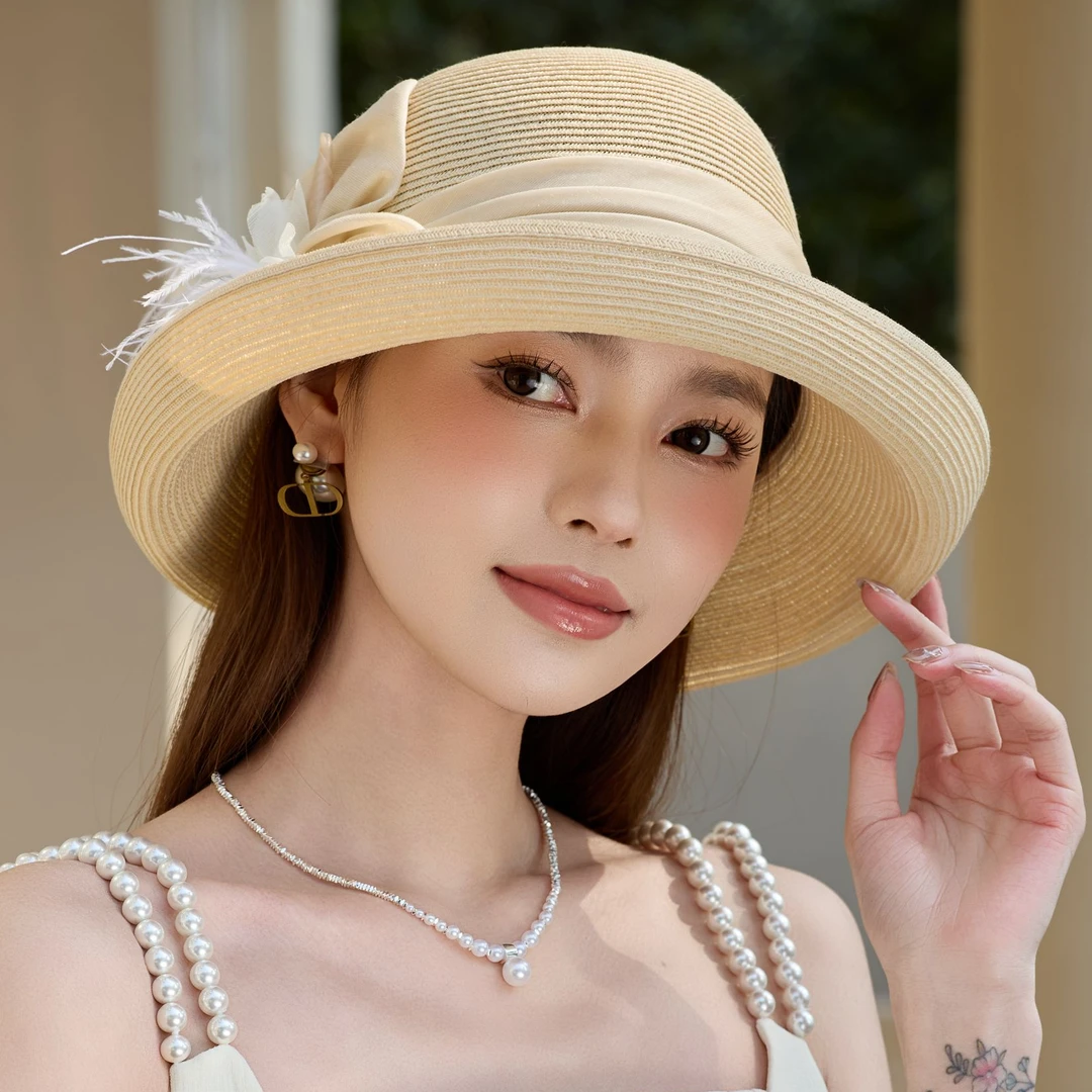遮阳海边度假卷边大檐防晒女新款夏沙滩帽2025圆顶渔夫帽草帽礼帽