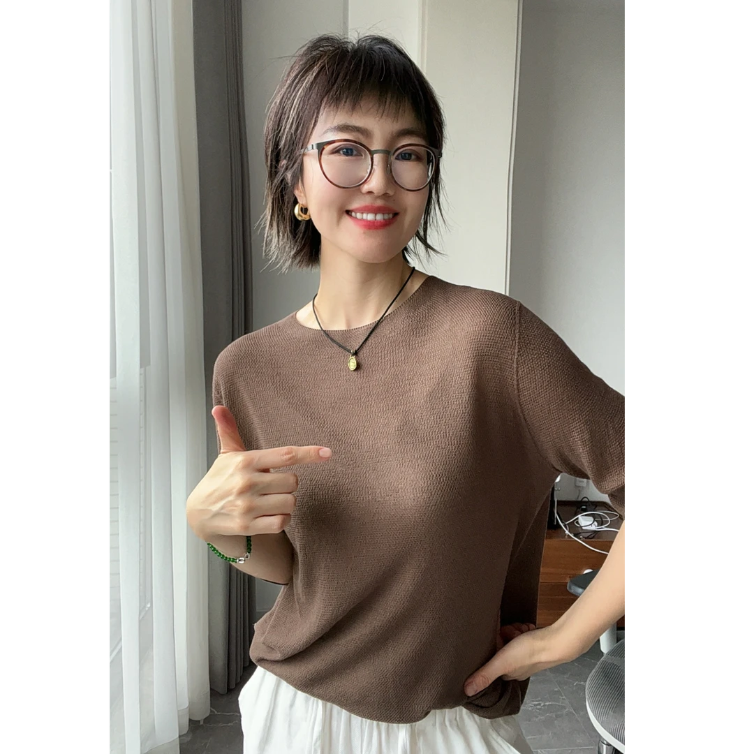 莱赛尔气质圆领短袖针织衫女薄款凉感夏季宽松透气上衣--SXS8265