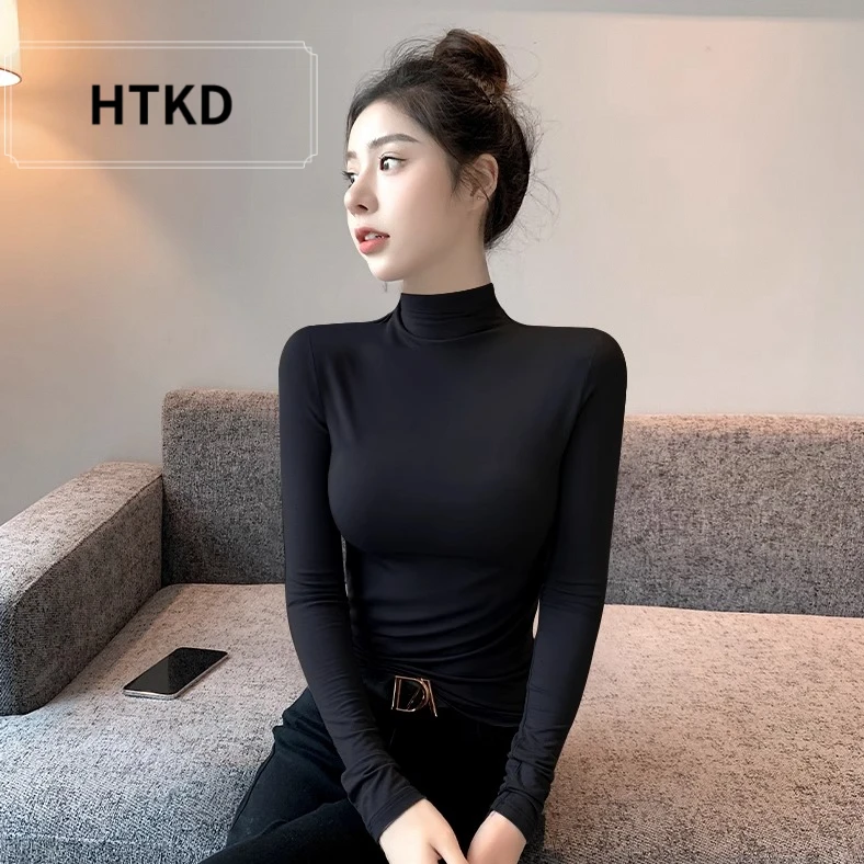 HTKD莫代尔半高领长袖t恤女2025秋冬新款薄款打底衫冰丝中领内搭