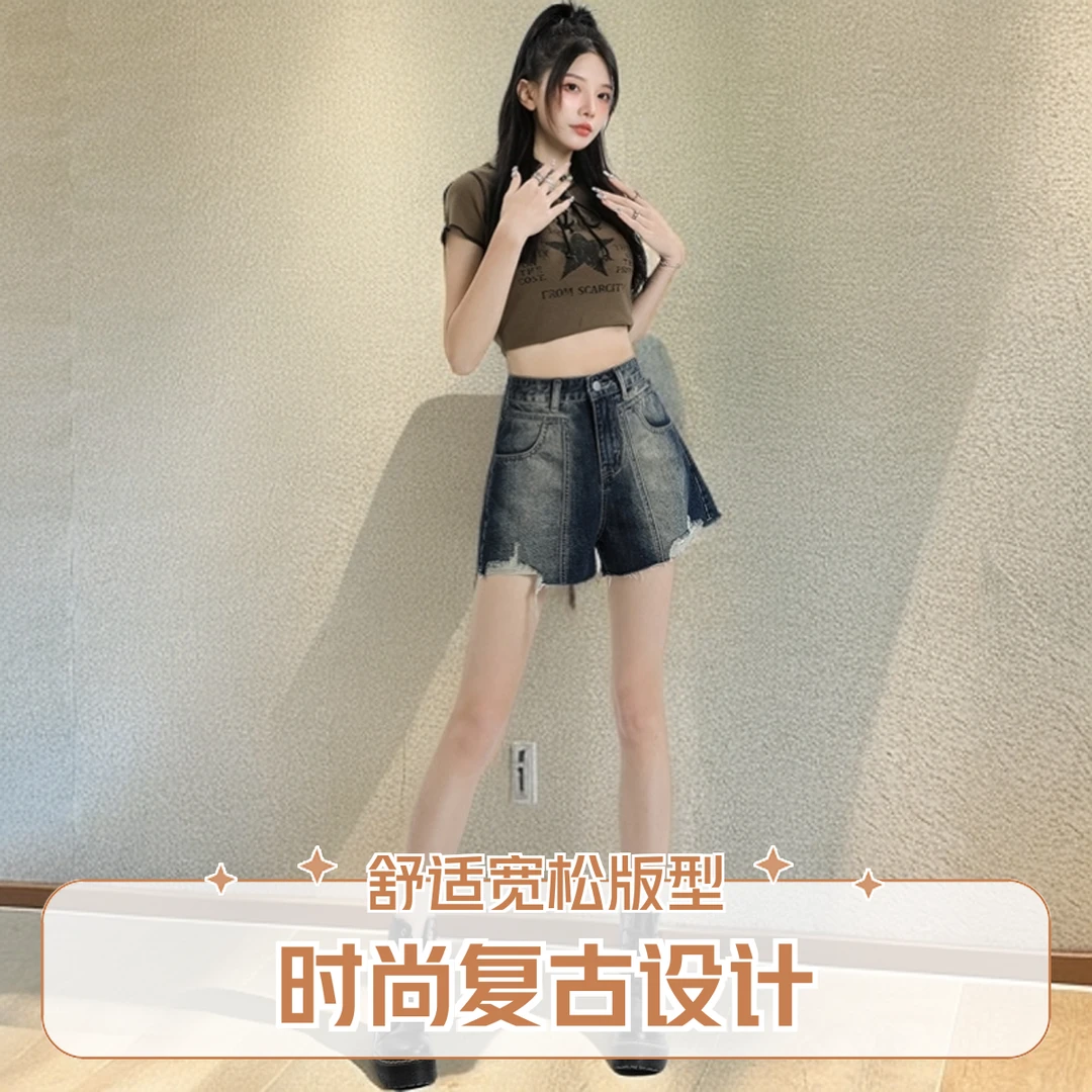 新款美式辣妹复古女牛仔短裤怀旧蓝高腰显瘦热裤春夏百搭休闲短裤