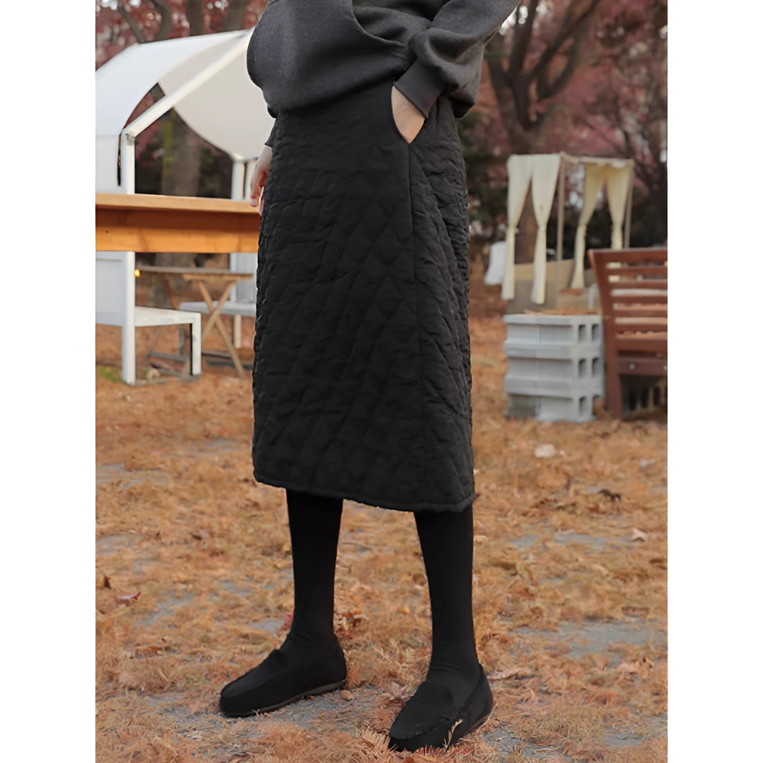 韩版休闲菱格加厚高腰半身裙女2025秋冬百搭过膝中长款夹棉裙子