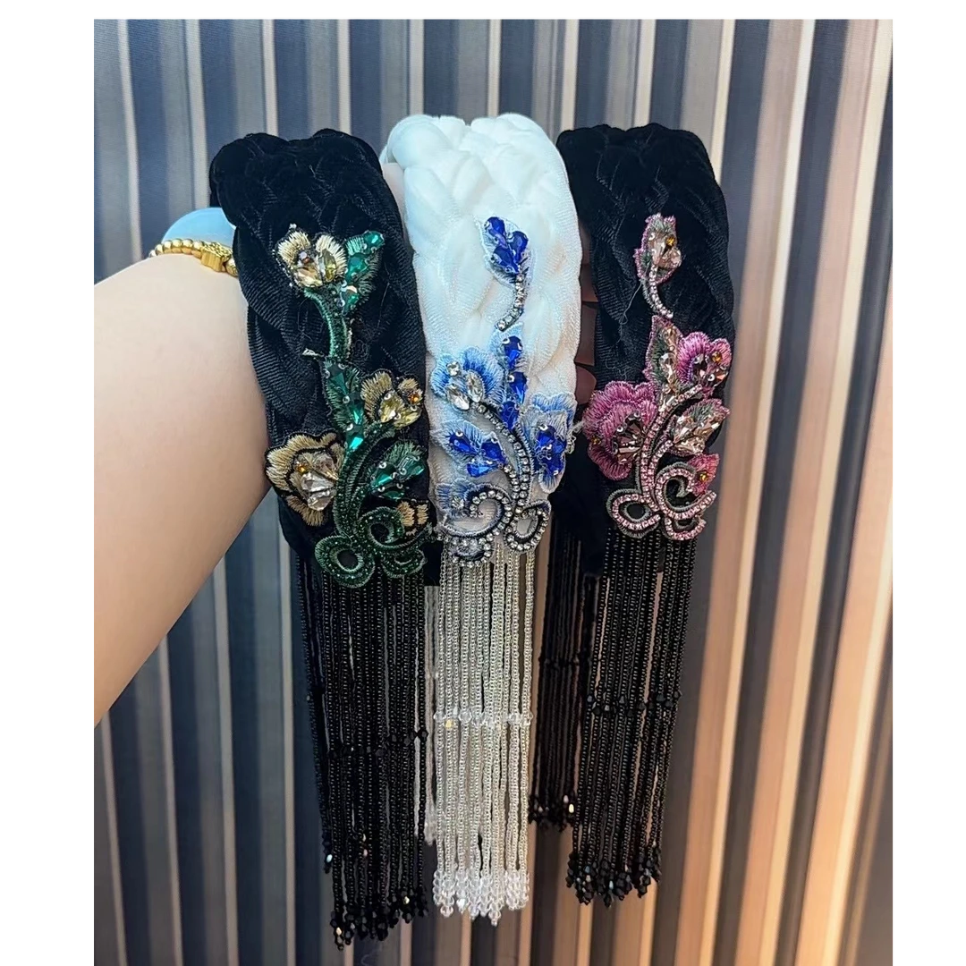 津玲【玫瑰国风6694】刺绣满钻水晶流苏发箍手工气质优雅黑色重工
