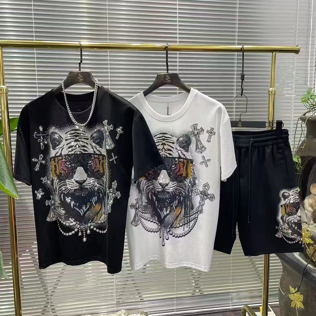 套装男士时尚休闲夏季印花重工烫钻老虎轻奢百搭情侣半袖潮流个性
