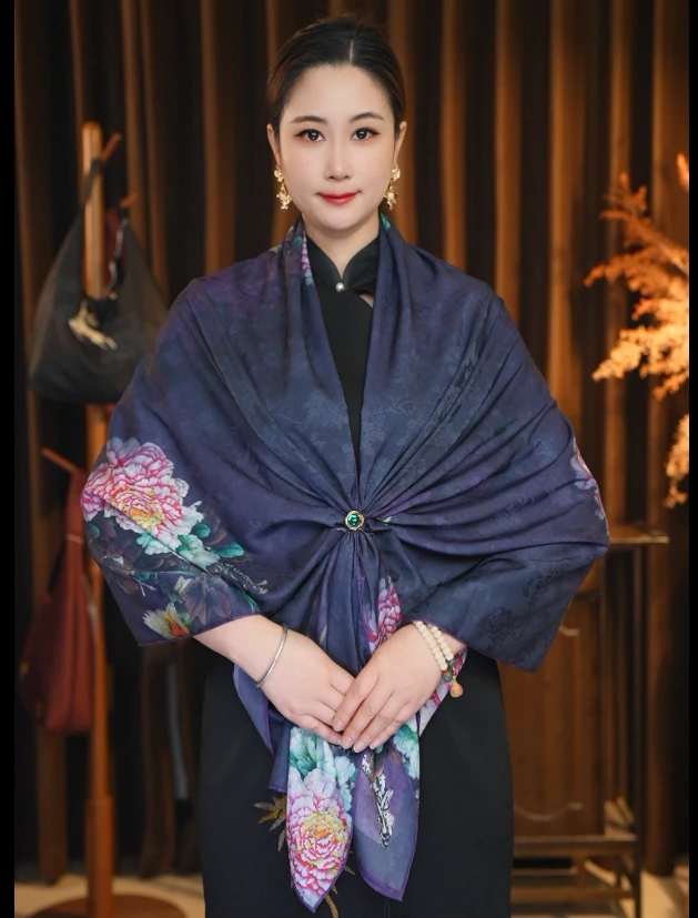 xys-435【喜鹊牡丹】暗纹提花 花萝 香韵纱 长巾 180*70