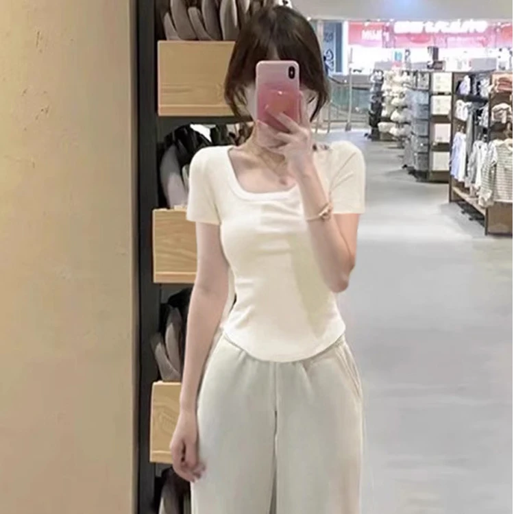 方领短袖T恤女辣妹修身显瘦短款冰丝螺纹上衣夏季短款弧形打底衫