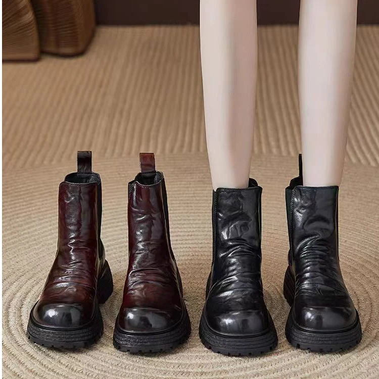 33-29（单里）牛皮马丁靴真皮女英伦风邹邹短靴潮单靴冬季切尔西靴