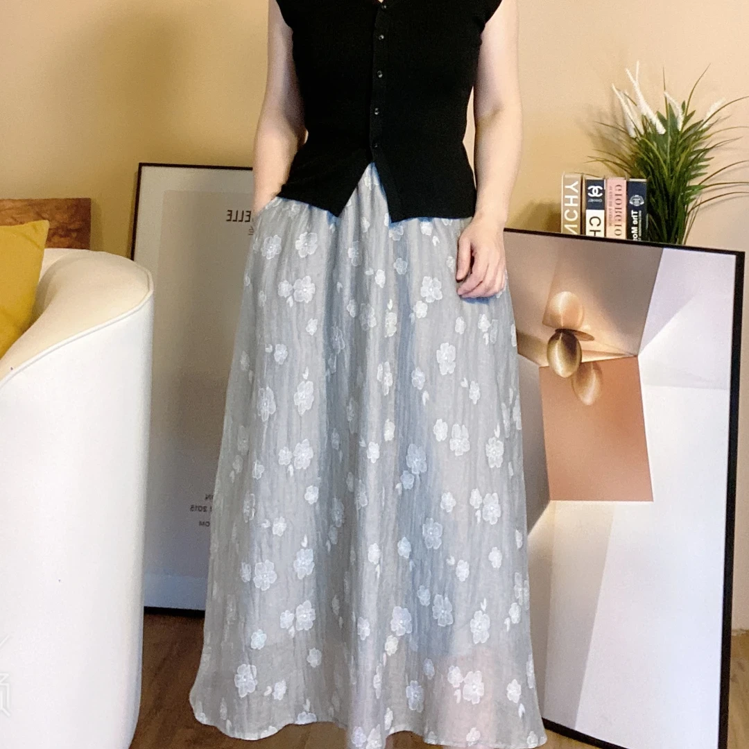 新中式烧花工艺灰色夏款松紧腰提花半身裙百褶裙大摆半裙