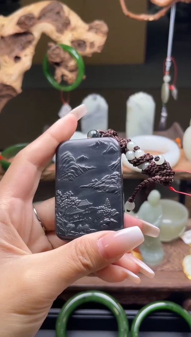 【闪购商品】和田玉吊坠未镶嵌若羌毛毛矿青花山水牌9003181