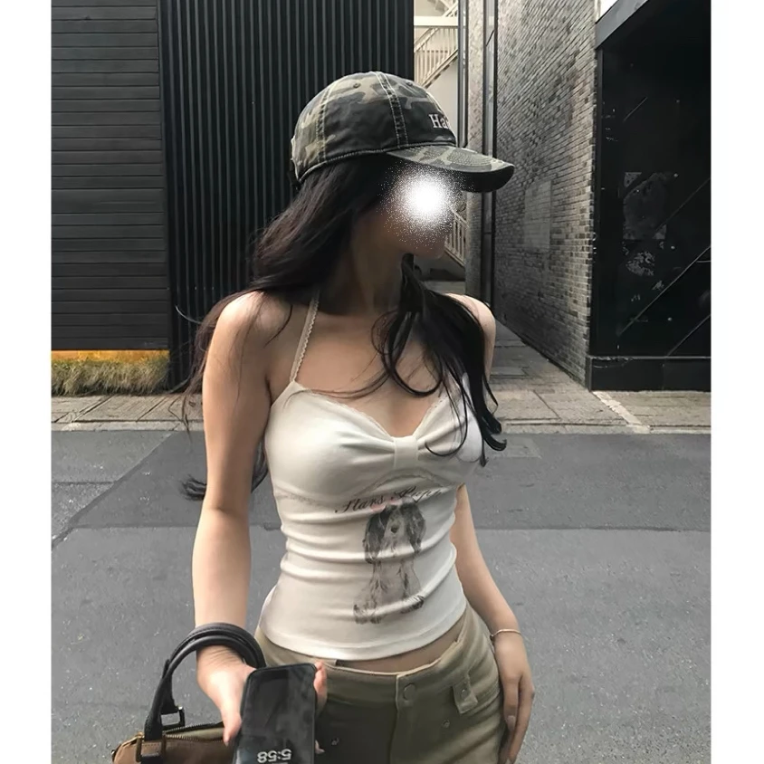 小狗印花蕾丝边吊带白色背心女夏内搭显瘦外穿无袖挂脖百搭上衣