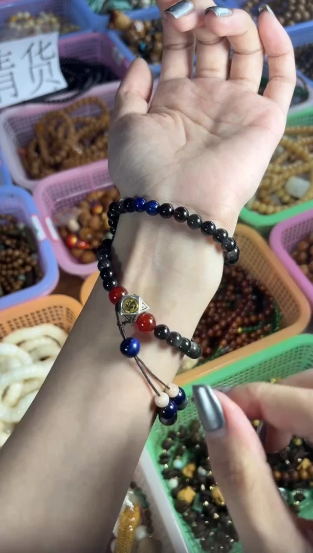 黑曜岩未镶嵌手链蓝虎眼三通双圈