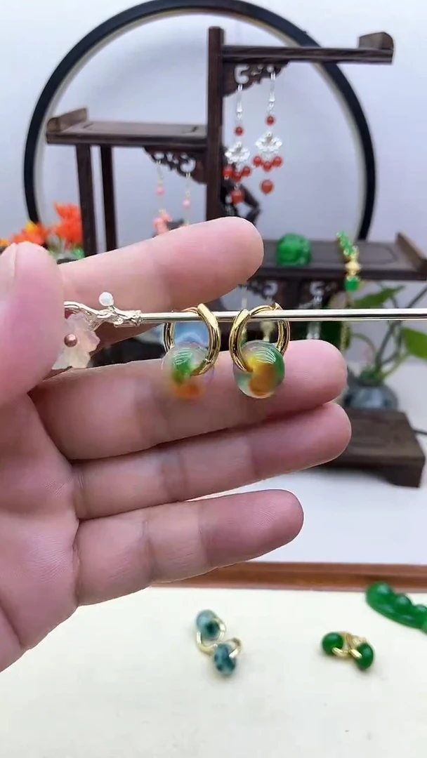 翡翠14K金镶嵌耳饰122号春彩