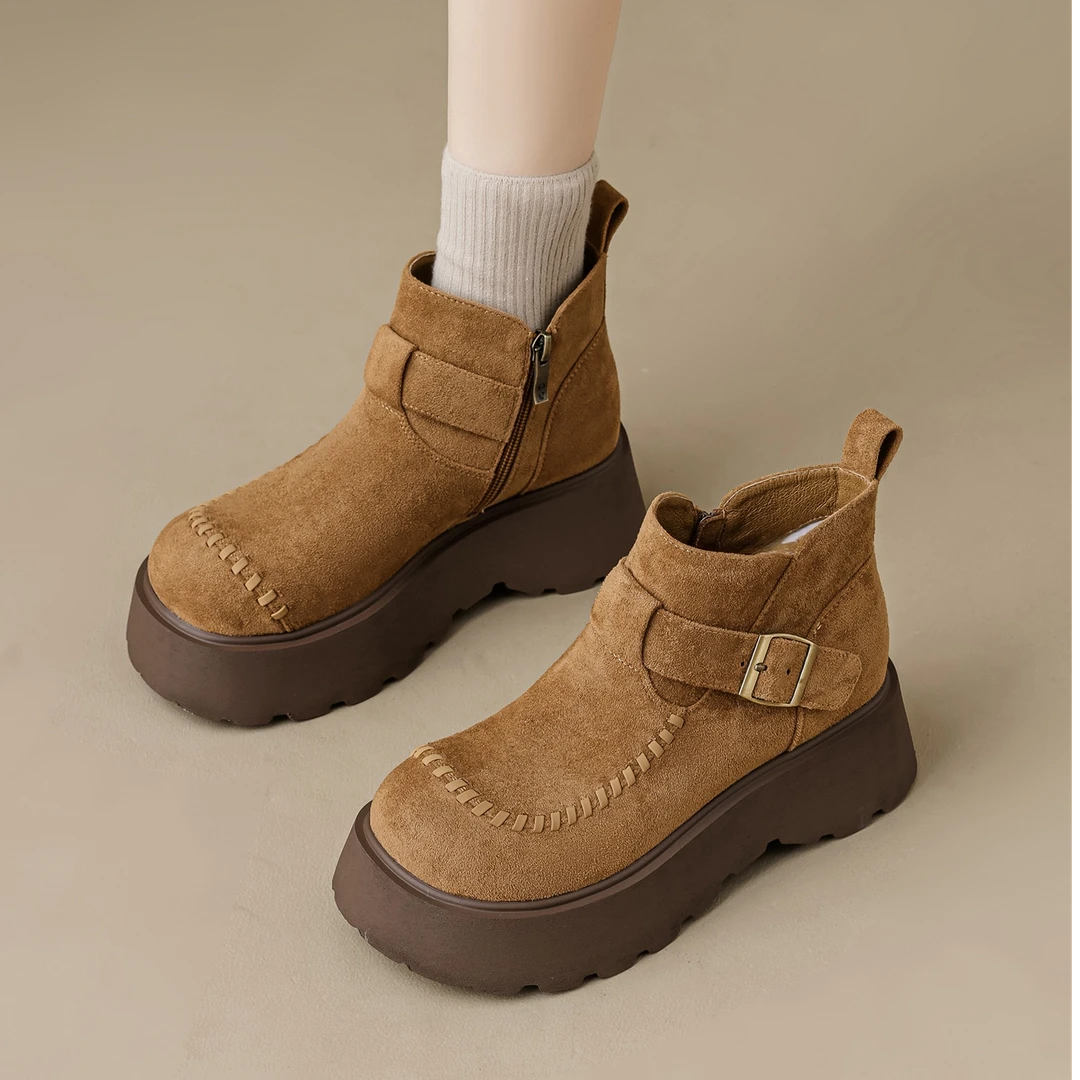 时尚百搭松果编织●5.5cm厚底马丁靴秋冬女绒面短筒手工勃肯袋鼠鞋