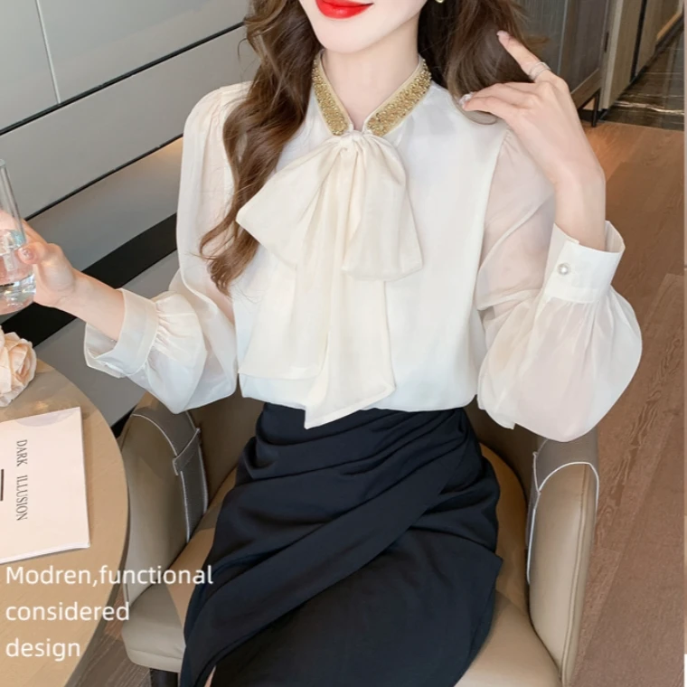 2025春季立领重工亮片蝴蝶结飘带衬衫女通勤OL气质上衣
