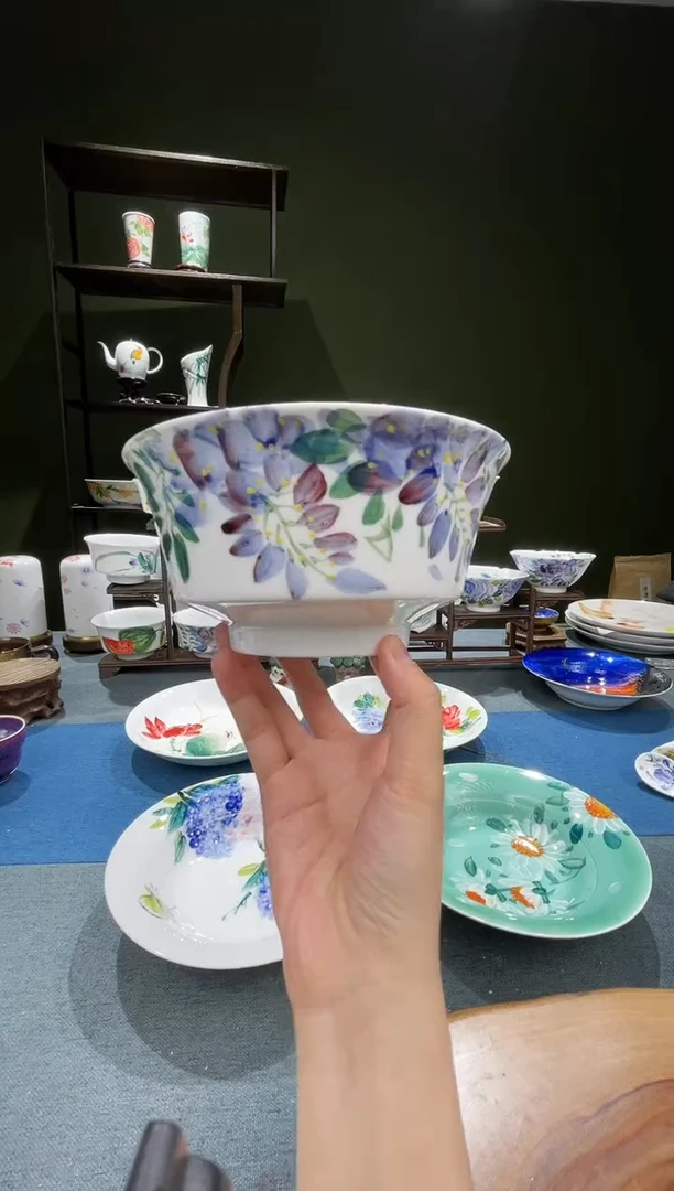 碗景德镇高温釉下彩6.5英寸金钟碗16-8CM紫藤花