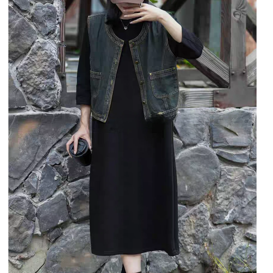 衣源K1311#牛仔马甲外搭连衣裙两件套长裙（衣长约47裙长约110）