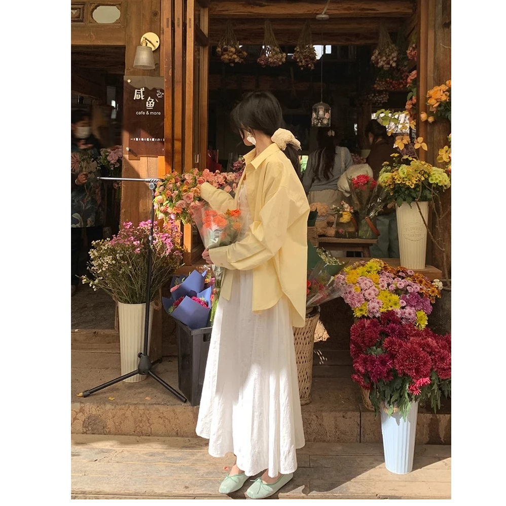 【韩系欧尼】韩系高级感嫩黄色衬衫女春夏衬衣上衣外套外穿薄款宽松