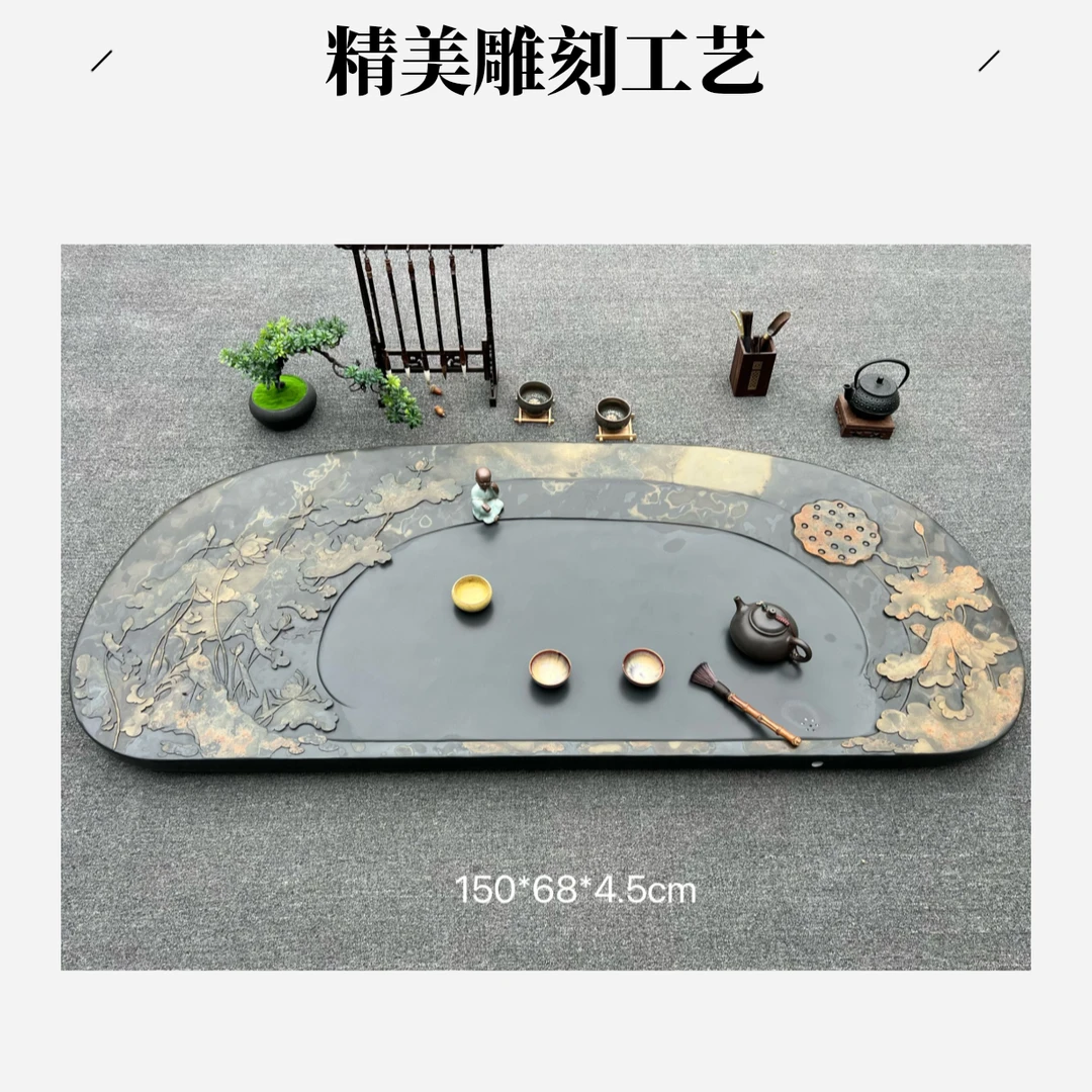 歙砚文房四宝手工收藏雕刻家用干湿茶盘排水天然皮色专用砚台书法