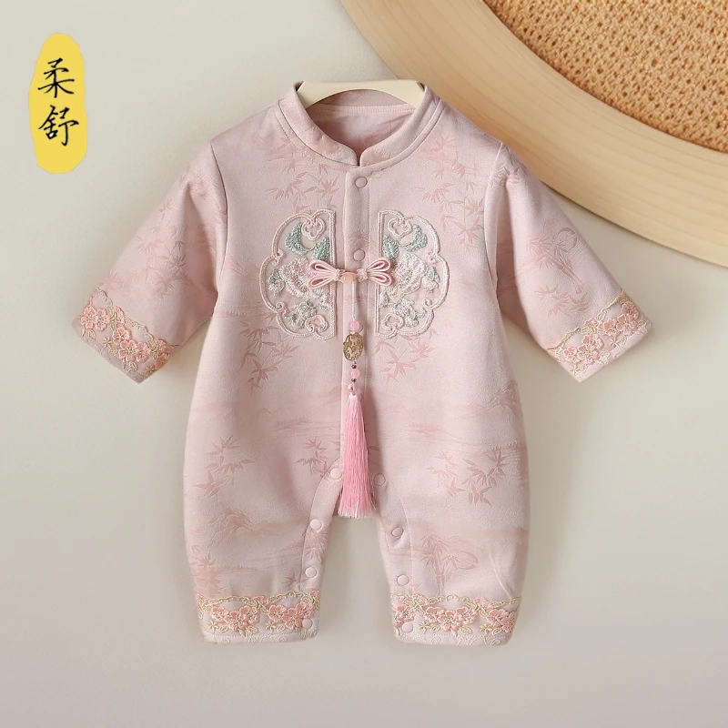 婴儿国风连体衣春秋新款满月百天宝宝礼服哈衣周岁宴新中式外出服