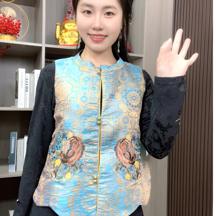 （琵琶）新中式马甲重工绣花马夹网红复古民族风坎肩短款上衣双面
