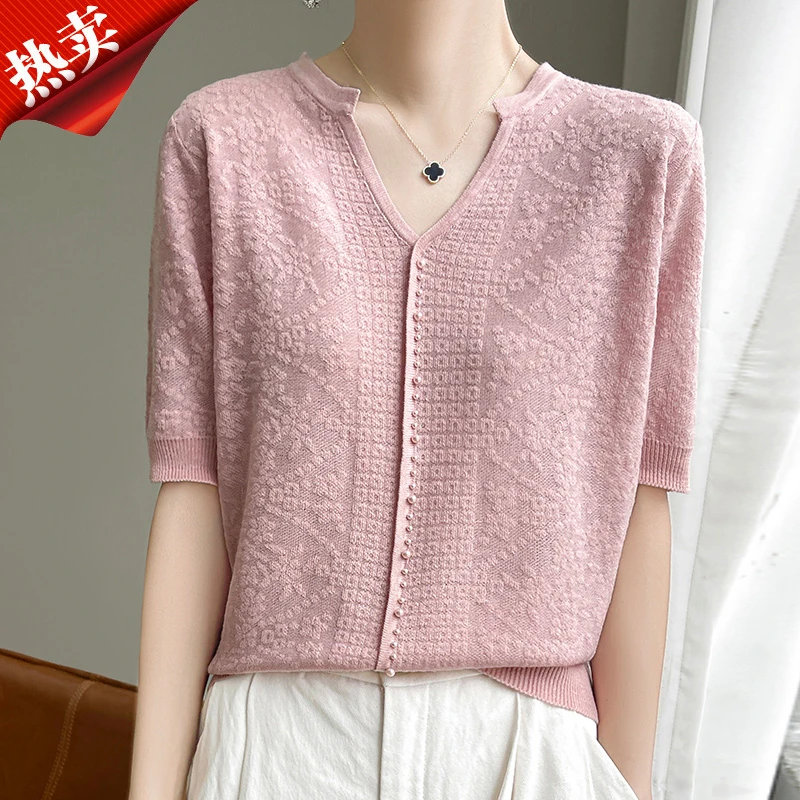 品牌女装正品v领钉珠时尚百搭夏季气质显瘦短袖纯色女士气质宽松