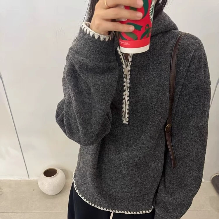 【辣妹】韩系2025冬季半拉链连帽加绒卫衣女灰色宽松花边高级感上衣