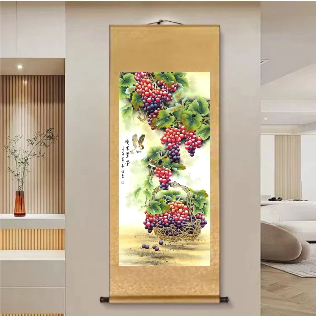 【葡萄小鸟·硕果累累】160*60新中式竖幅实木卷轴客厅书房茶室挂画