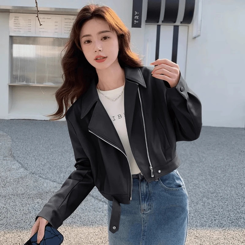 短款皮夹克春秋新款韩版千金风西装领赫本风百搭小个子皮衣外套