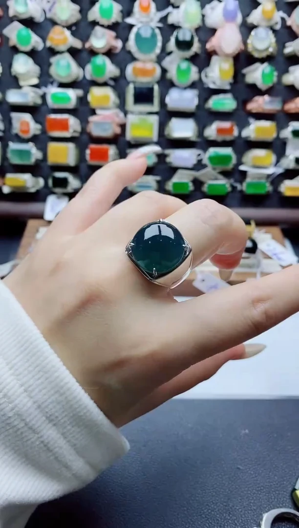 银S925镶嵌戒指翡翠天然翡翠a货男戒