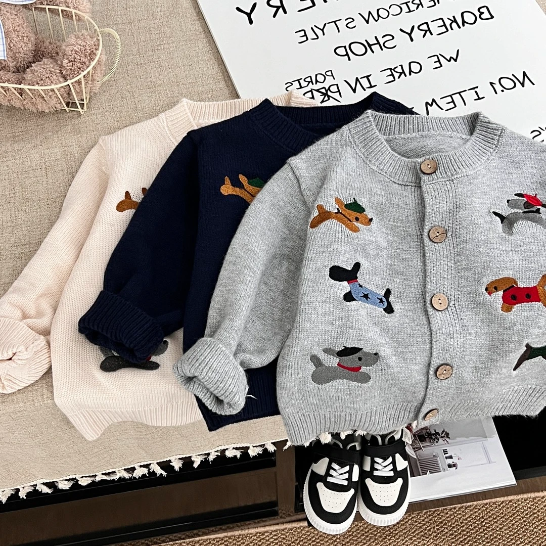 儿童洋气2025秋季新款小狗刺绣时尚潮流男童女童亲子针织衫毛衣
