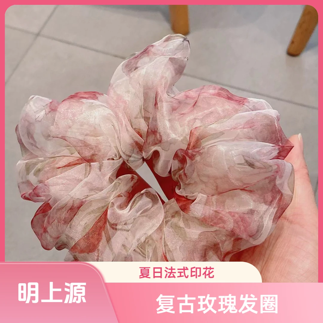 M2001夏季2025新款印花复古玫瑰网纱大肠圈发圈发绳气质可爱少女