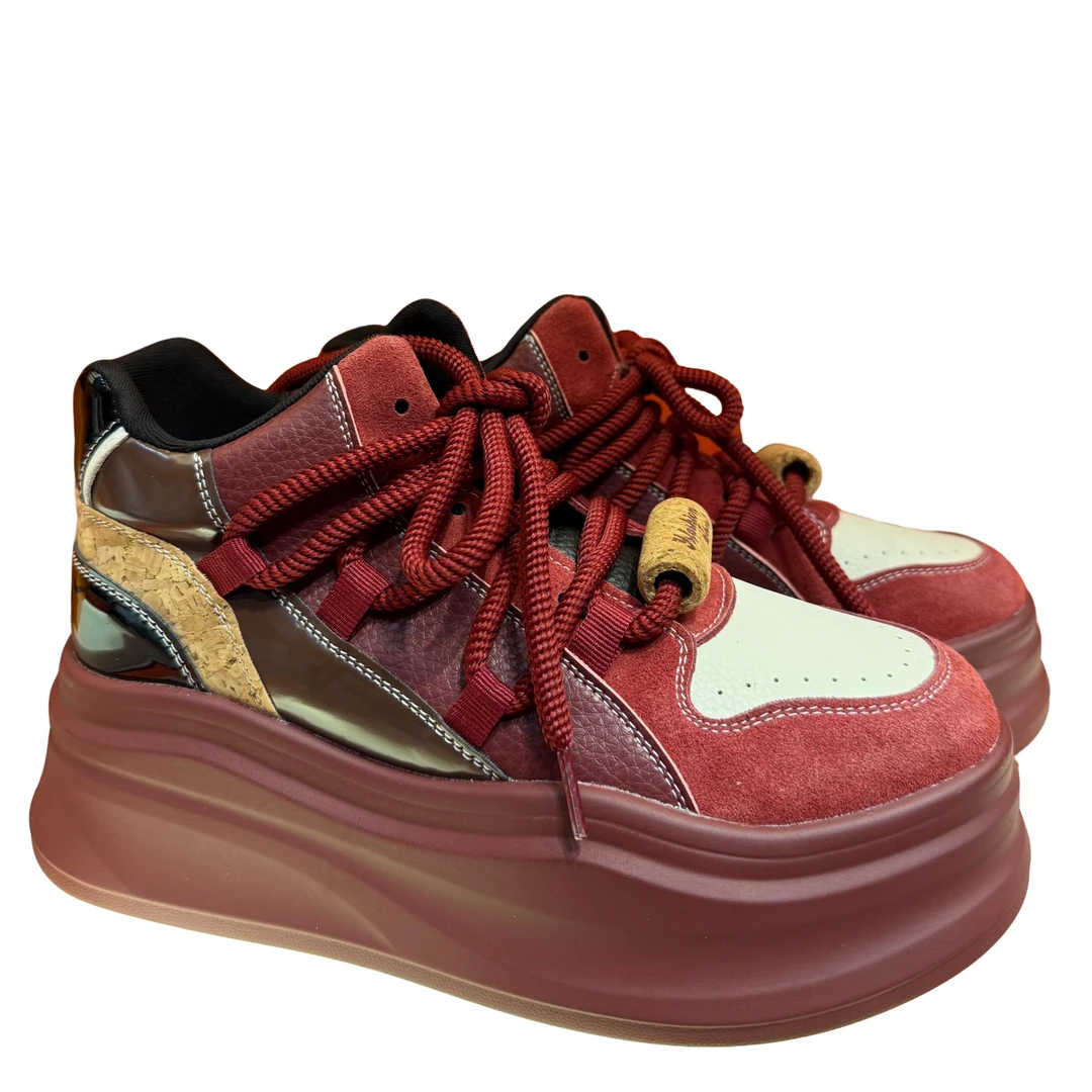 增高复古红色拼色ins常规厚底秋季亮片系带时尚高帮鞋