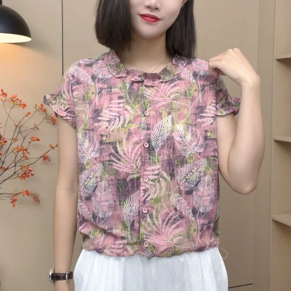 夏季新款时尚洋气系绳短袖衬衫法式抽绳休闲设计感粉色开衫上衣女