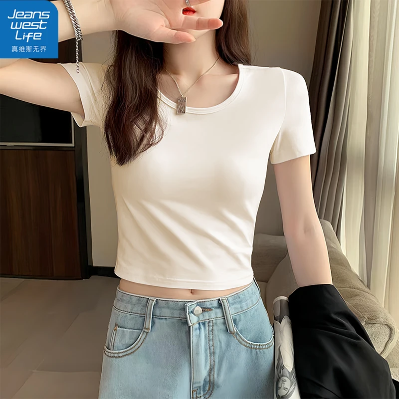 真维斯无界吸汗休闲风短款短袖印花显瘦T恤ins内搭设计感修身上衣