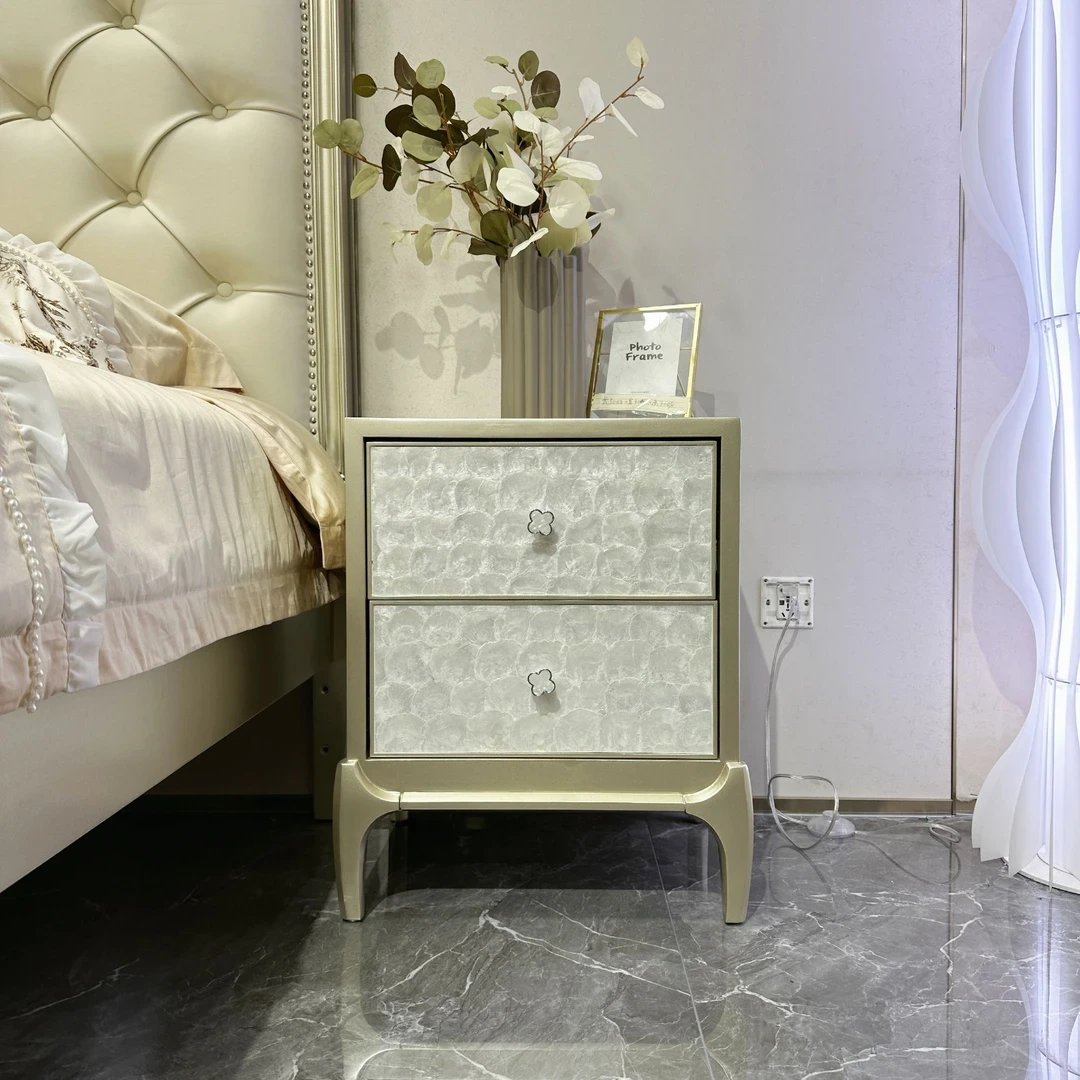 美法式轻奢风简约贝壳两抽实木床头柜置物实木家用卧室储物柜