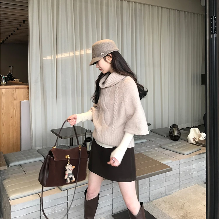 法式气质温柔风麻花针织套头斗篷毛衣女秋冬慵懒风高领针织衫上衣