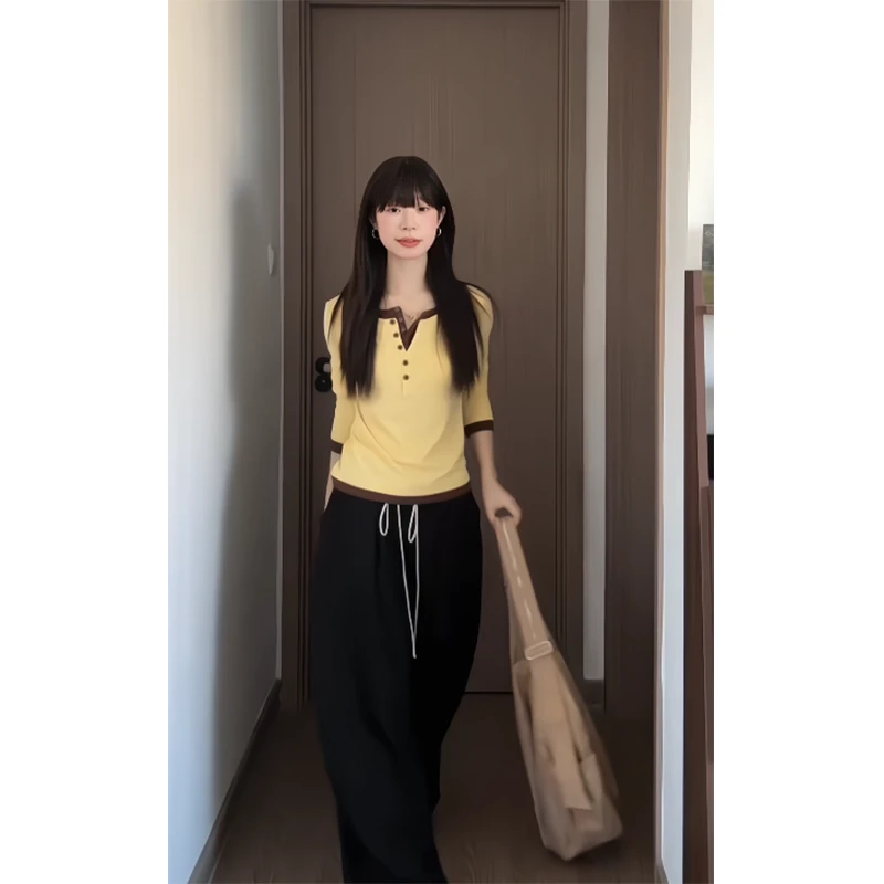 2025秋季新款设计感排扣长袖撞色显瘦百搭小众上衣直筒阔腿休闲裤