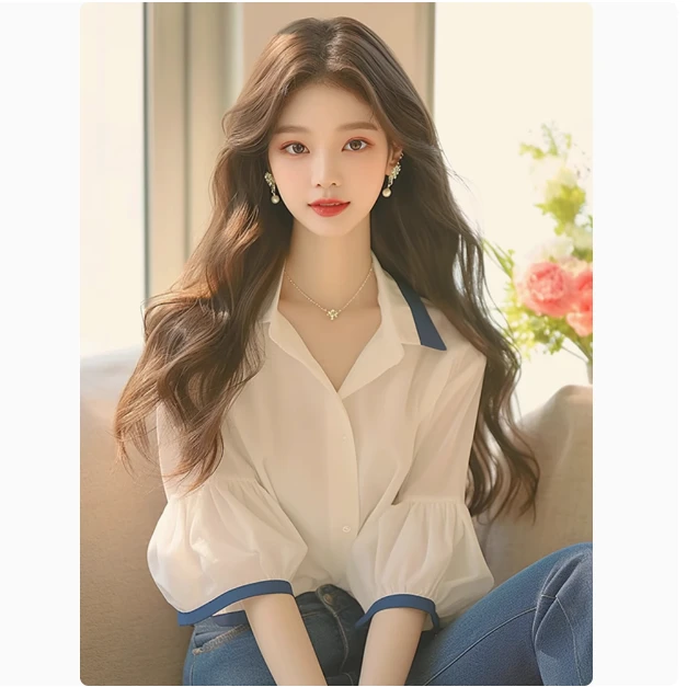 今年流行漂亮洋气减龄时尚上衣法式轻熟小众白色泡泡袖衬衫女夏季