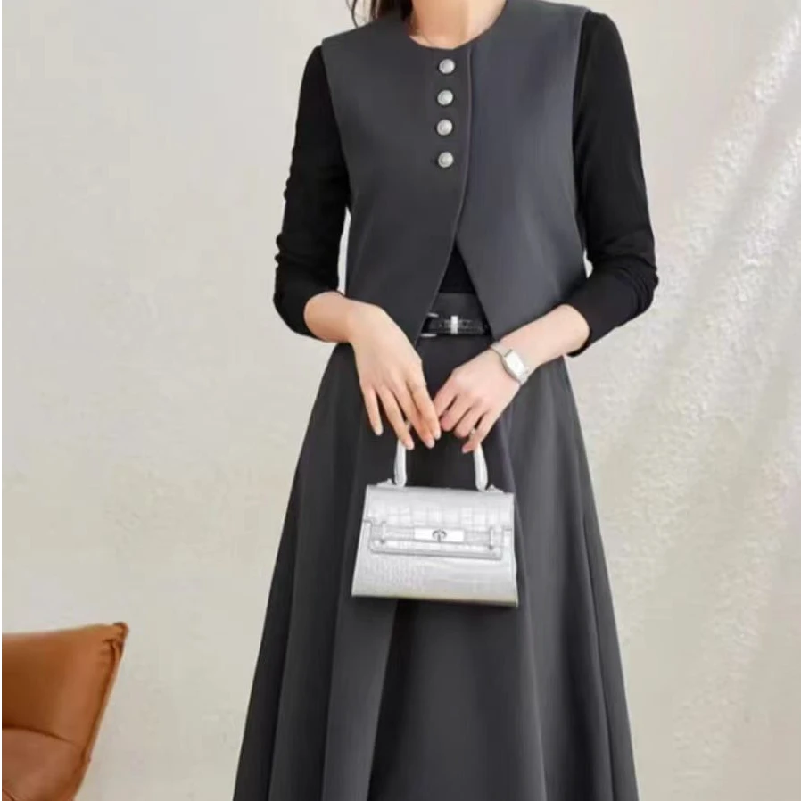 小香风马甲长袖连衣裙套装女2025年新款显瘦收腰时尚气质百搭