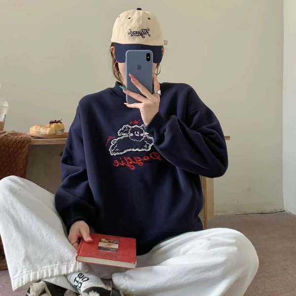 9106 冬款 羊羔绒 半高领 糖果色贴布狗字母刺绣加绒加厚保暖卫衣