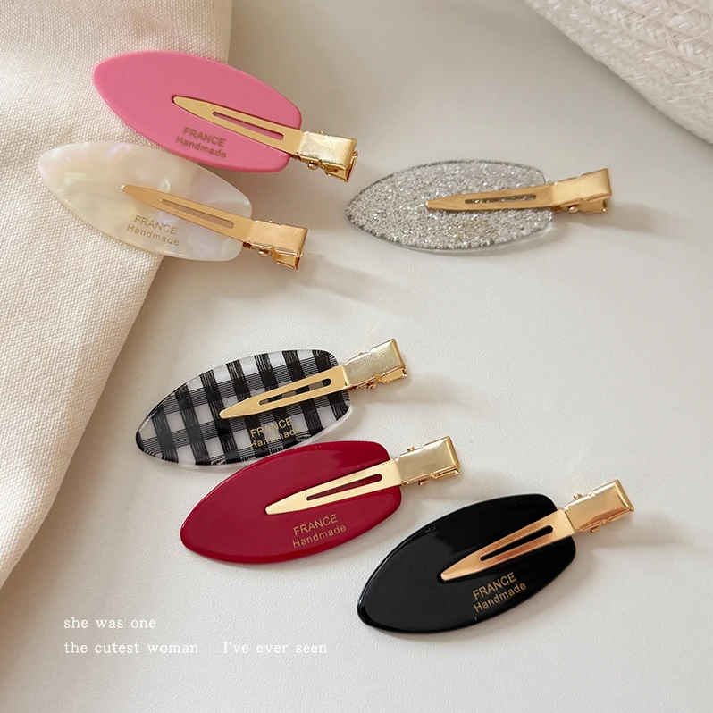 韩系格纹闪粉醋酸椭圆发夹女可爱无痕夹碎发卡子侧边刘海鸭嘴夹子