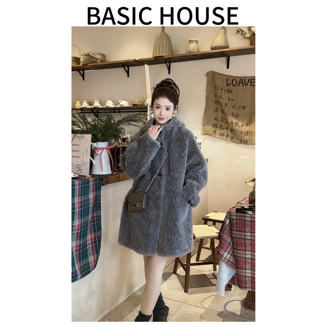 Basic House/百家好冬季新款高端颗粒百搭气质风慵懒连帽大衣女A