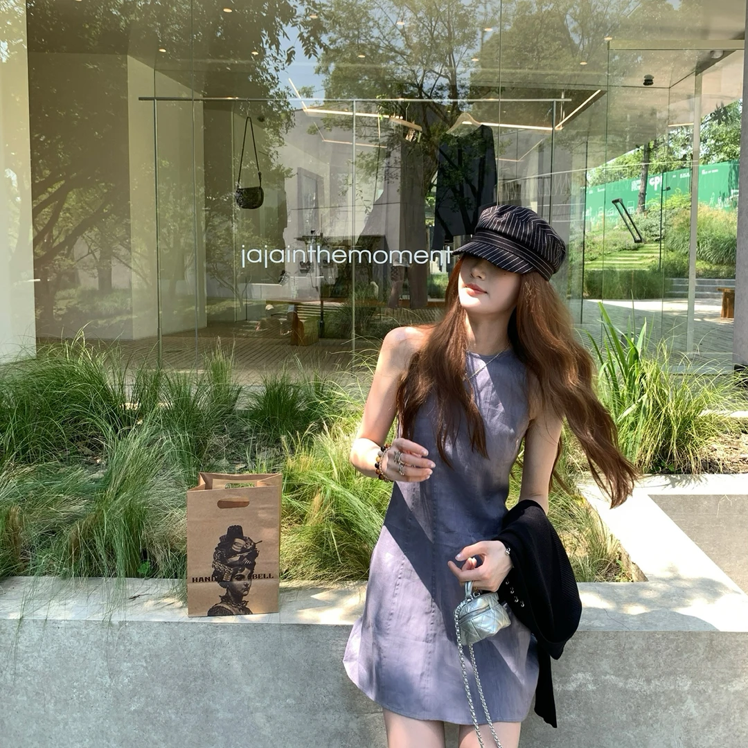 aaaaxbbb 雪莱的云雀 纯亚麻露肩连衣裙无袖背心裙收腰高级感短裙