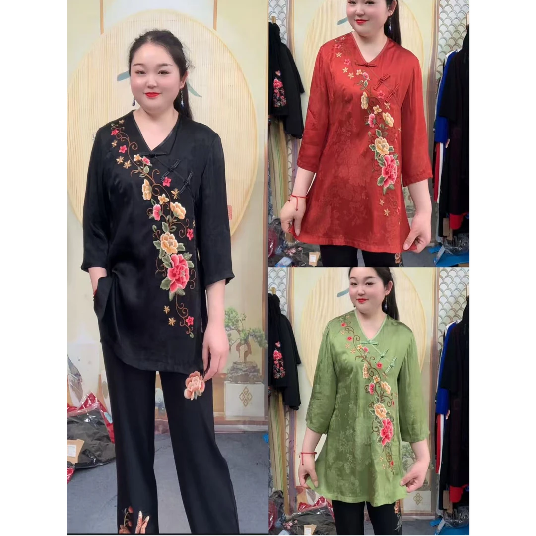 【爱漂亮】中袖薄款V领常规款提花绣花上衣唐装新中式网红