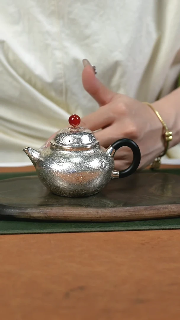 手作檀木999小雏菊花纹款家用泡茶文旦银壶