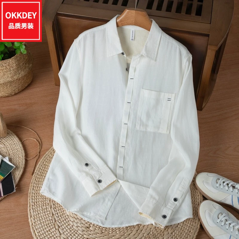 夏季新款高品质亚麻长袖衬衣服男士宽松休闲衬衫轻奢男装开衫外套