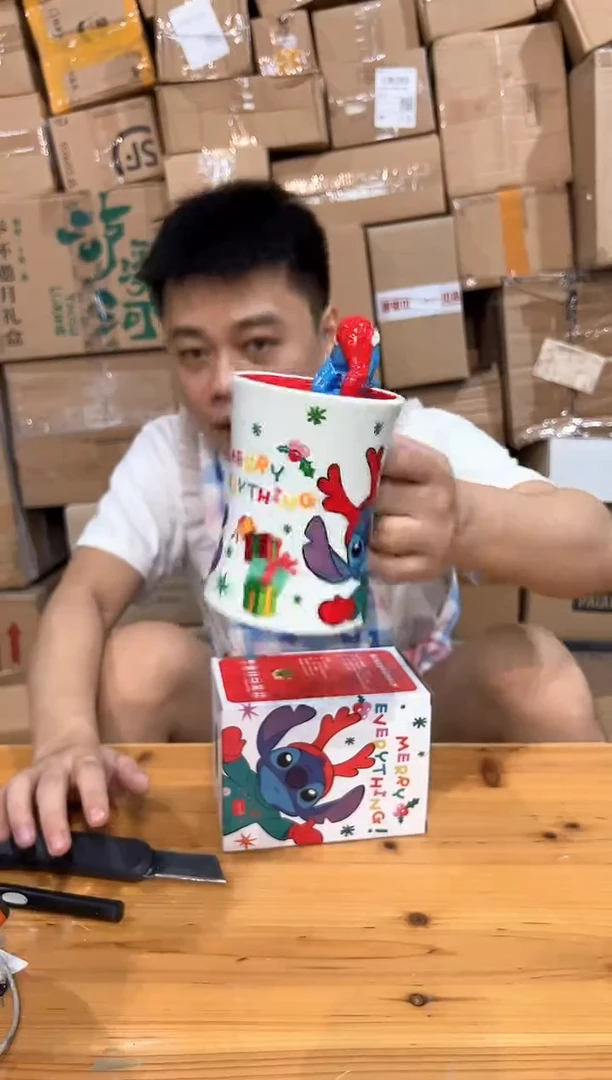 瓷片原盒圣诞史迪仔小蛮腰01款麋鹿水杯