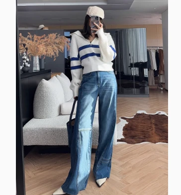 美洋MEIYANG 拼图牛仔裤 渐变立体分割阔腿长裤