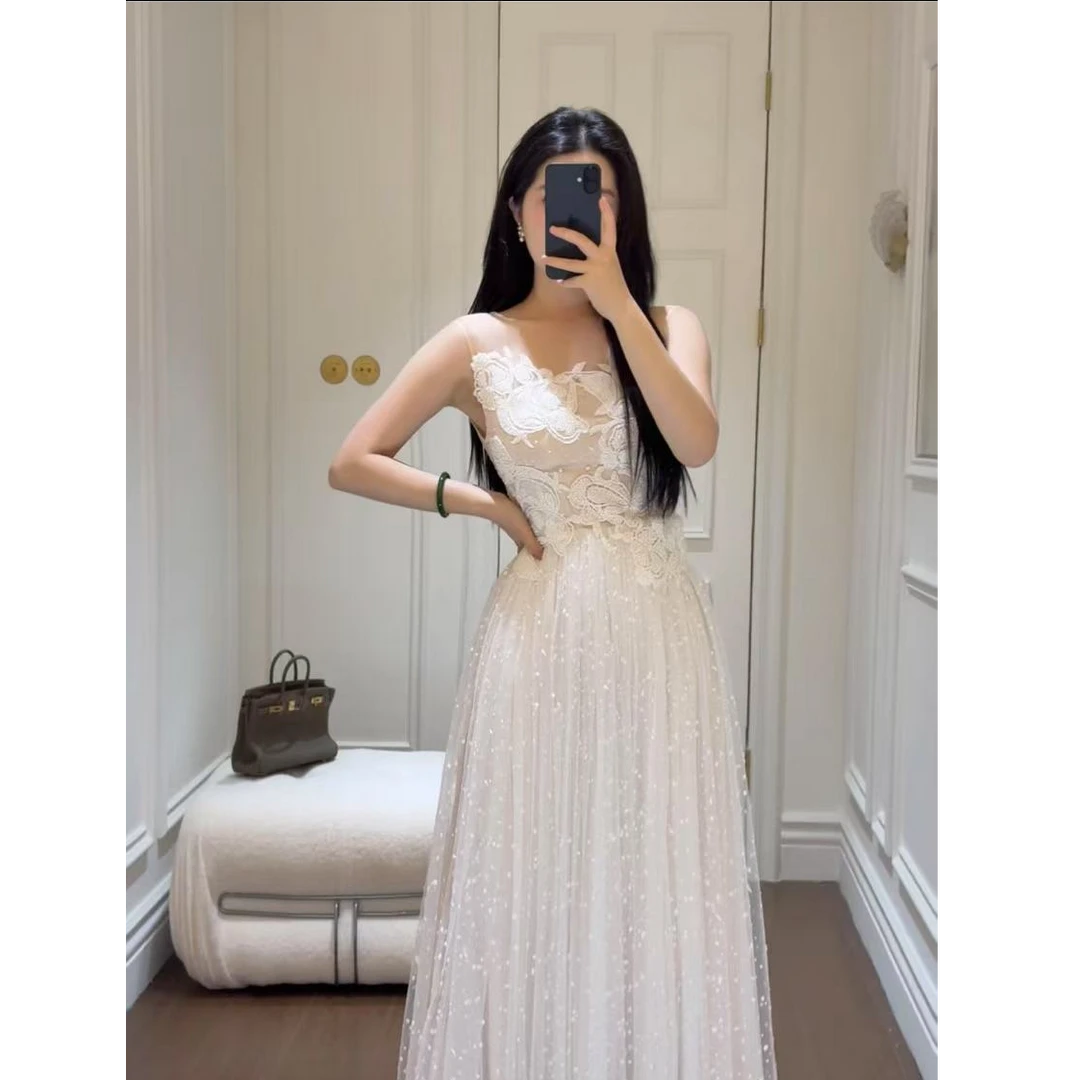 789礼服系列/钉珠刺绣网纱拼接立体波点纱裙收腰连衣裙